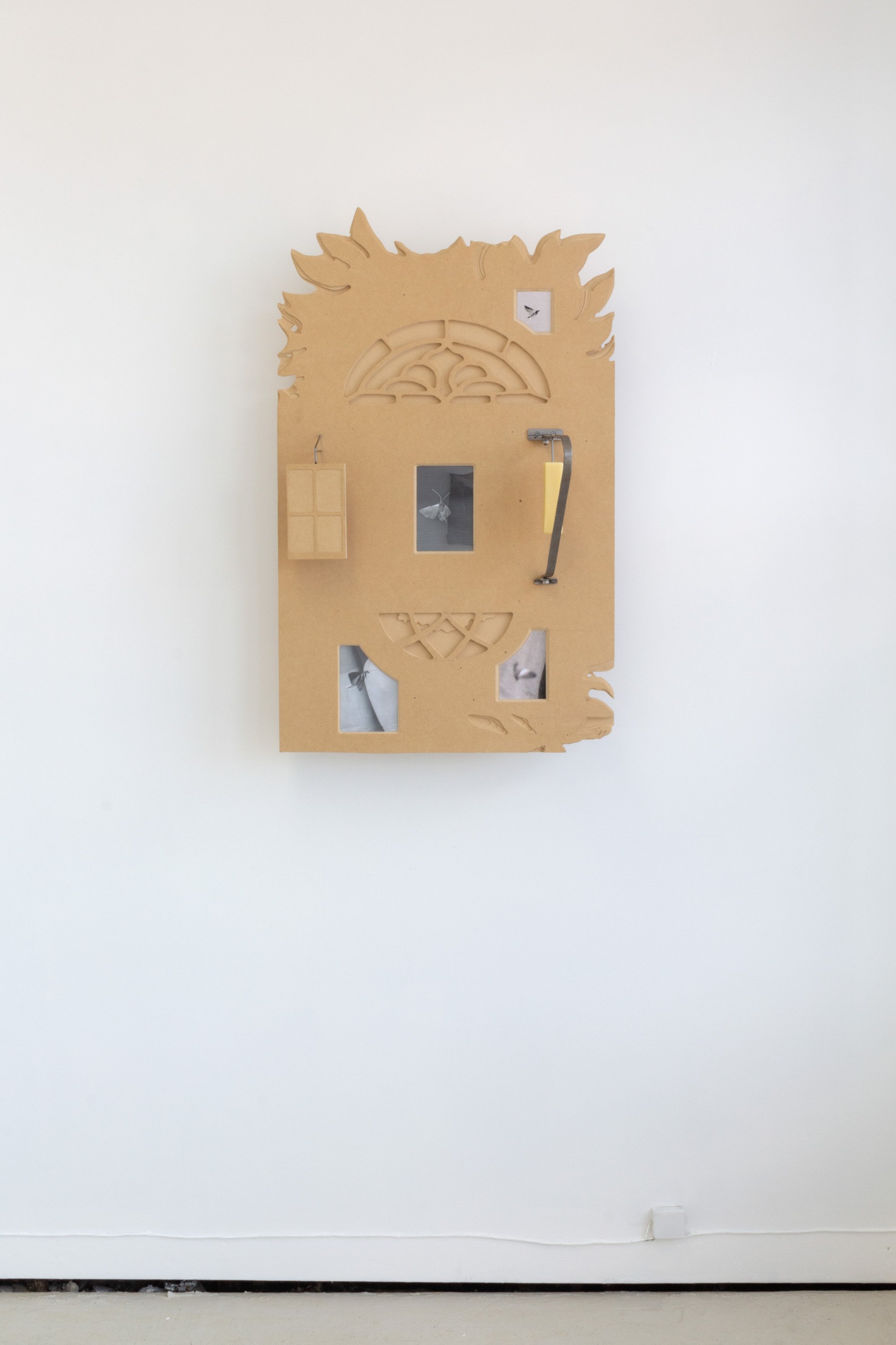  Bradley Marshall  An Imperfect Offering, A Windowless Room (Skeeeedaddle!) , 2021 Hand-cut MDF, inkjet print, steel, wax, tin can, pencil with lead replaced with steel, hardware, and adhesives 26 x 36.5 x 8 in 