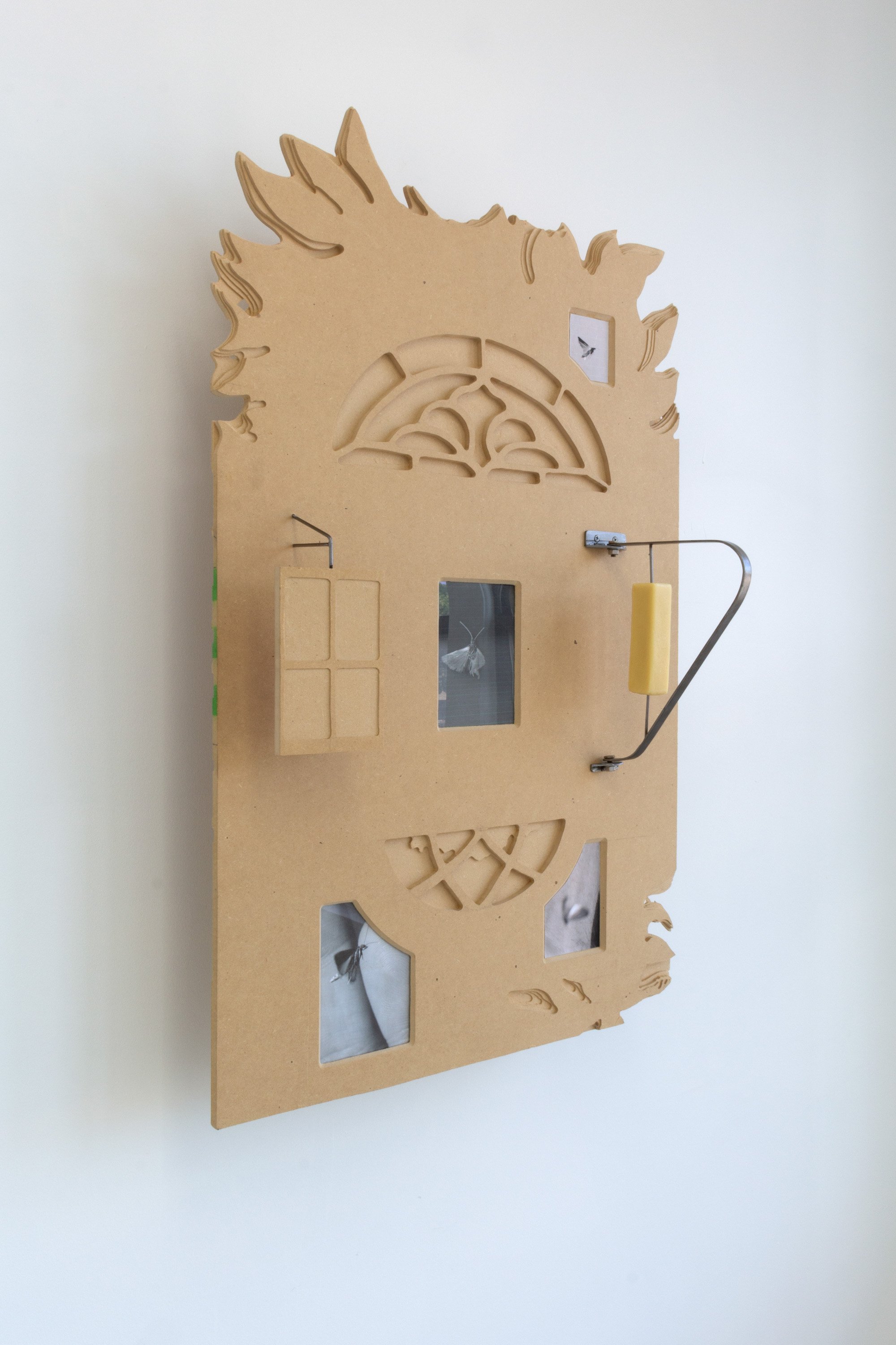  Bradley Marshall  An Imperfect Offering, A Windowless Room (Skeeeedaddle!) , 2021 Hand-cut MDF, inkjet print, steel, wax, tin can, pencil with lead replaced with steel, hardware, and adhesives 26 x 36.5 x 8 in 