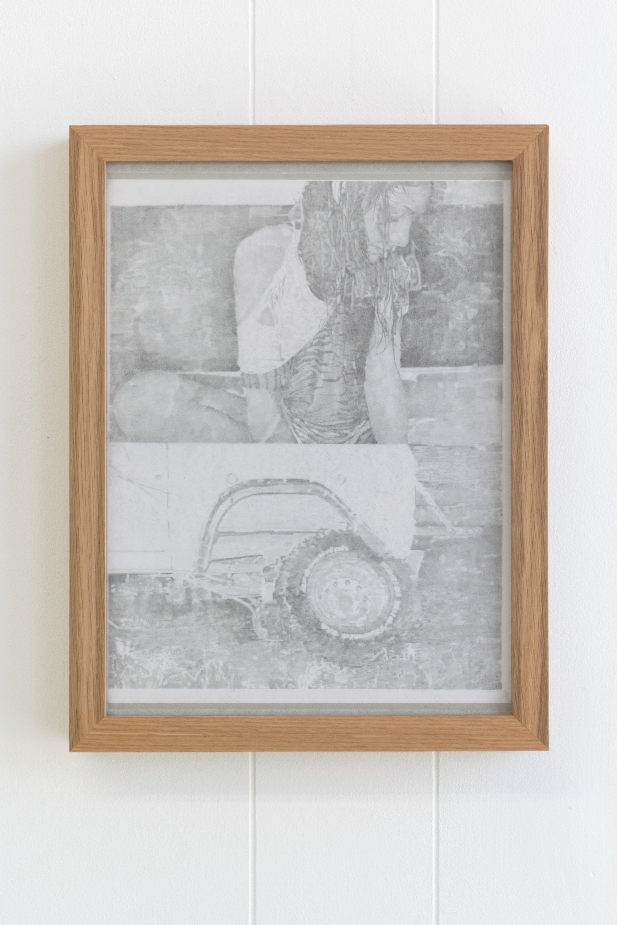  Jamieson Pearl  And now the road smells like a flock drowned in diesel fuel , 2022 Graphite on tracing paper on printer paper on drawing paper, white oak frame 9 x 12 in (10.5 x 13.5 x 1.5 in framed) 