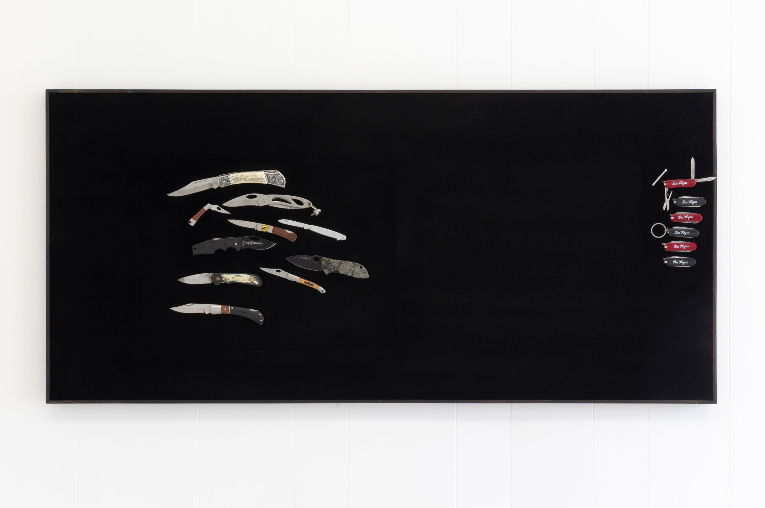  Jesse Robinson  6 Black &amp; RED Las Vegas Promo Multi Pocket Survival Knife KeyRing TSA and 10 ASSORTED KNIVES FISHING AIRPORT CONFISCATION LOT 629H , 2018 Confiscated knives, wood, epoxy putty, microfiber, and magnets 48 x 24 x 1.5 in 