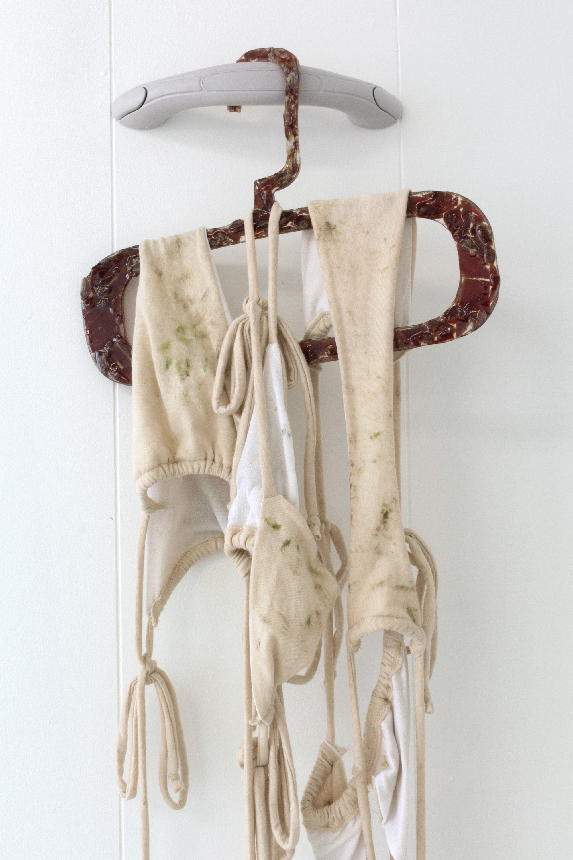  Maeve Coughlin  Untitled (airdry) , 2022 (detail) Vinyl car grab handle, Jack Links jerky, resin, cotton jersey, grass, dirt, and lake water Dimensions variable 