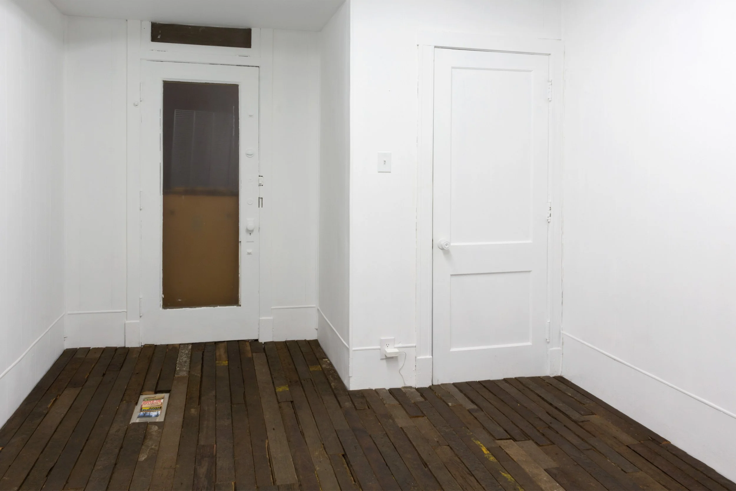  Graham Wiebe  Cosplay , 2022 Salvaged coffin factory flooring Dimensions variable 