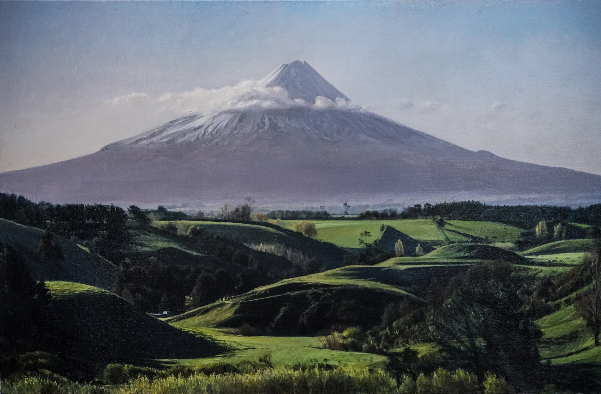 Mt Taranaki seen from Taranga Farm 2019 100x67cm oil on linen