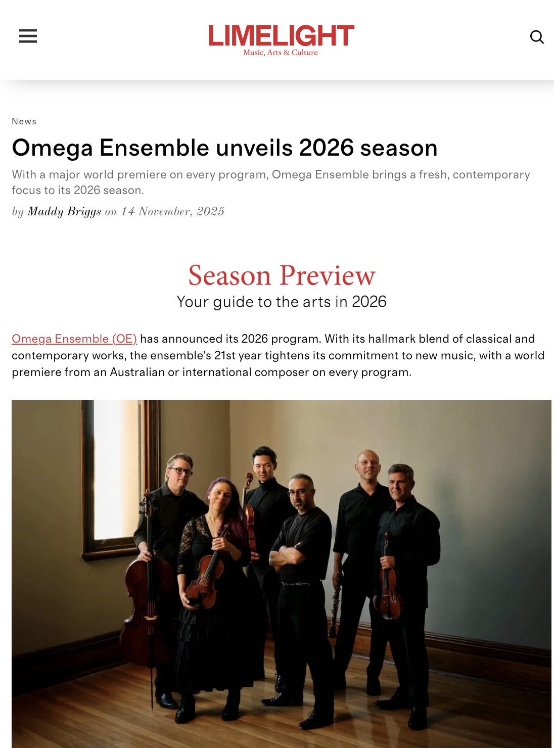 Omega Ensemble unveils 2026 season – Limelight