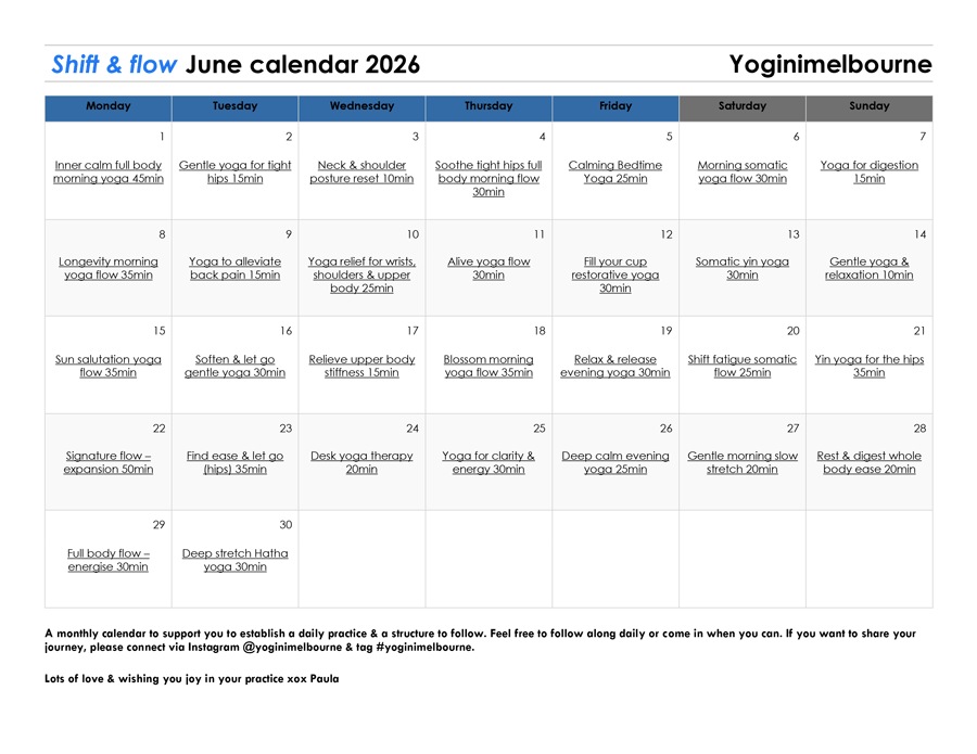 Shift & flow June calendar 2026