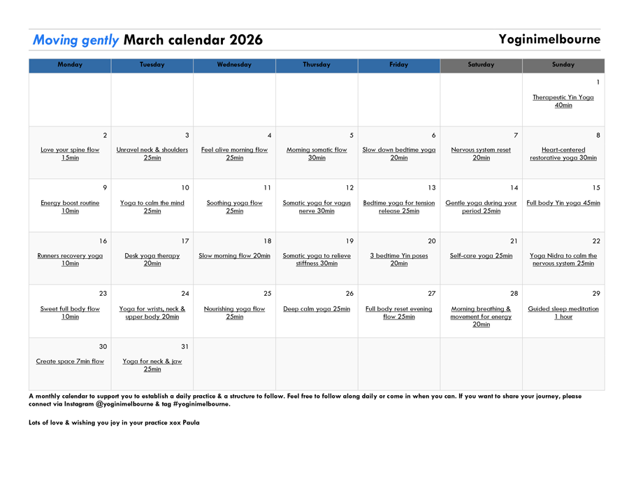 Moving Gently March calendar 2026