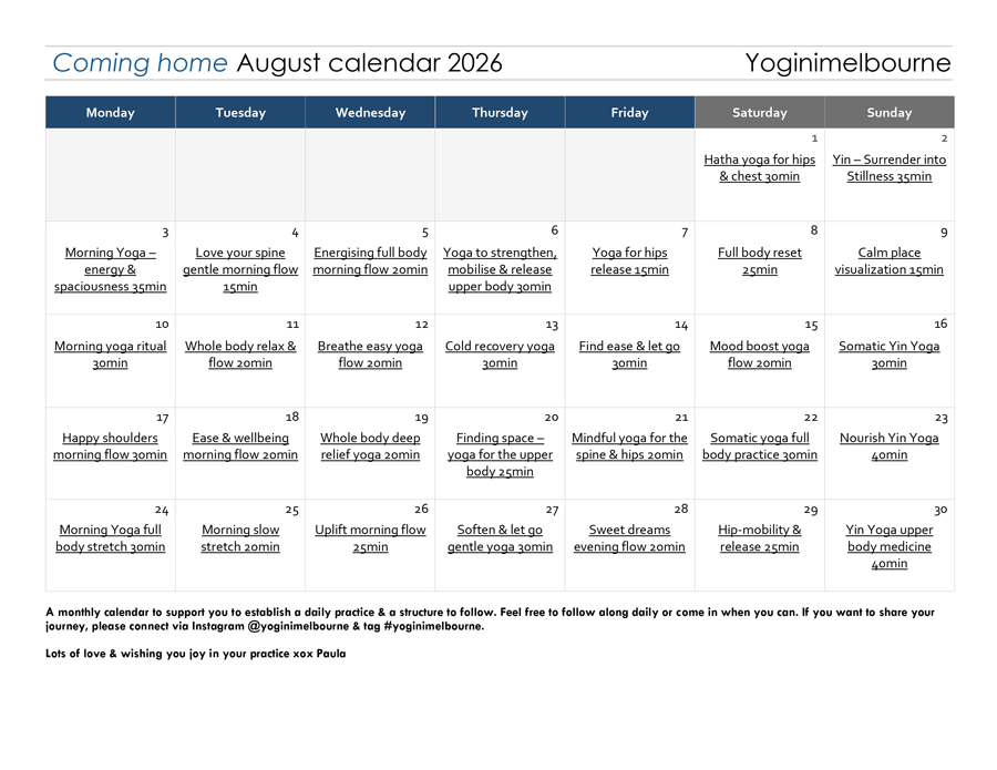 Coming home August calendar 2026 