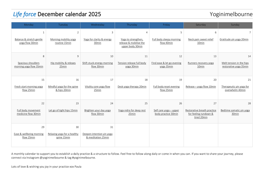 Life force December calendar 2025