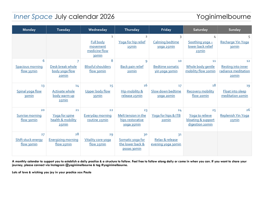 Inner Space July calendar 2026