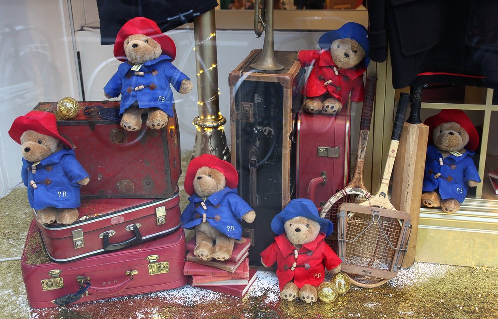 Paddington Bears in shop window in promotion for the 'Paddington' film