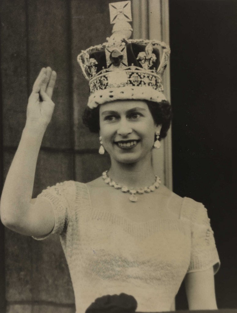 Queen Elizabeth II waving from Palace balcony after coronation