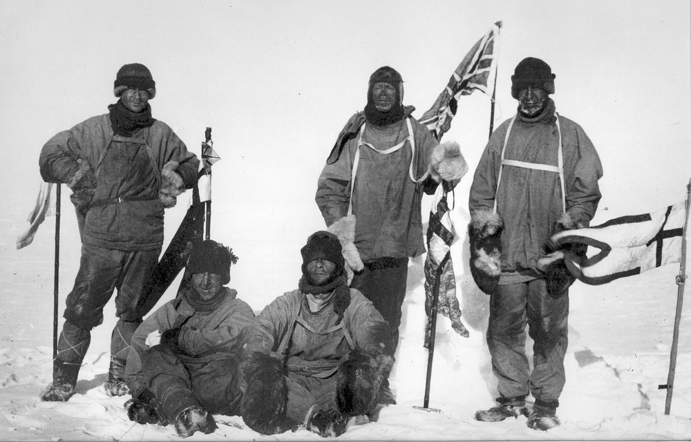 Scott's expedition; Wilson, Scott, Oates (standing), Bowers, Evans (sitting)