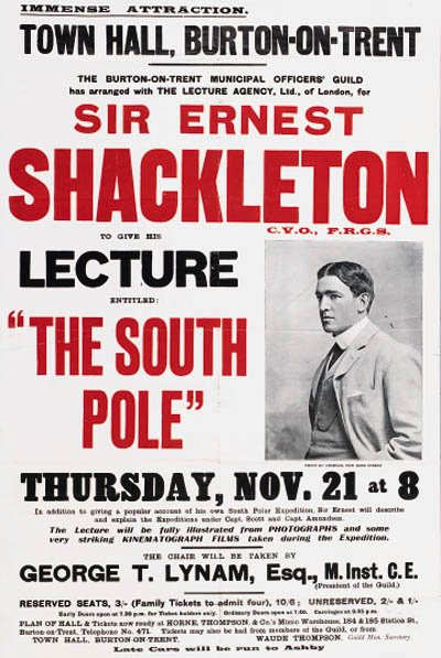 Advertisement for a lecture by Sir Ernest Shackleton