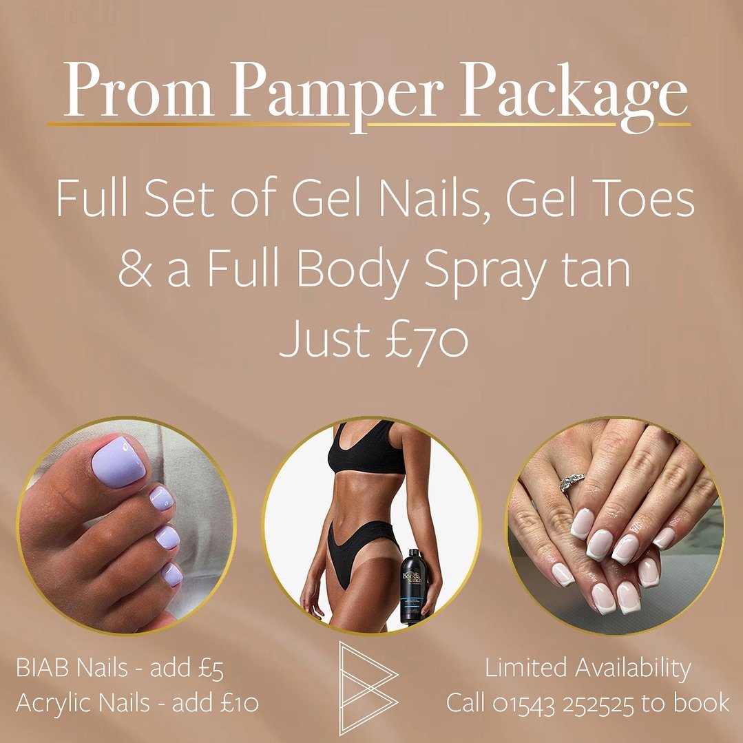 A pamper package for all of our prom queens!

This package includes a full set of gel nails, gel toes and a full body spray tan for just &pound;70. 

Optional add ons include:
BIAB nails - add &pound;5
Acrylics / Gel Nail Extensions - add &pound;10

