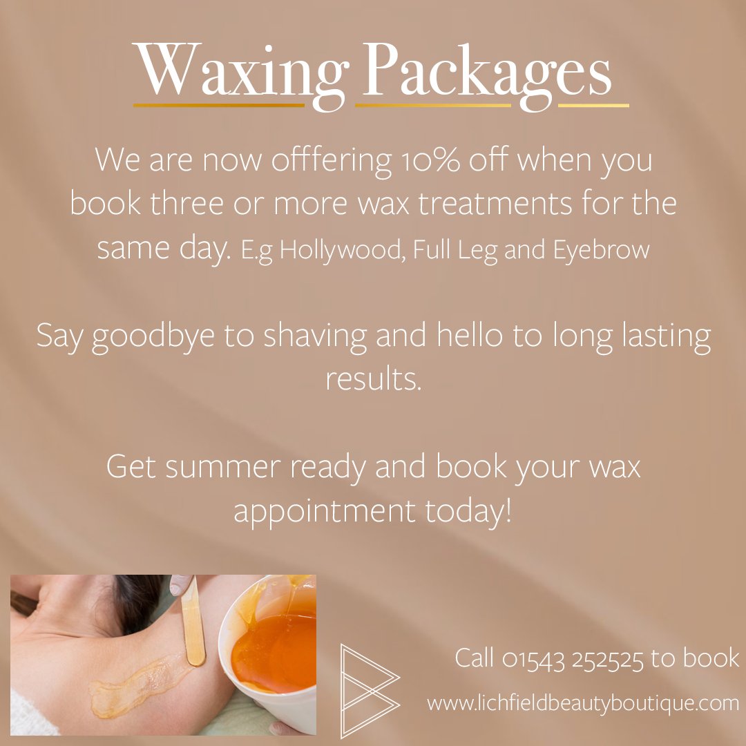 We are now offering 10% off when you book three or more wax treatments on the same day. E.g. Bikini, Full Leg and Eyebrow.

Say goodbye to shaving and hello to long-lasting results.

Get summer ready and book your wax appointment today!

https://www.