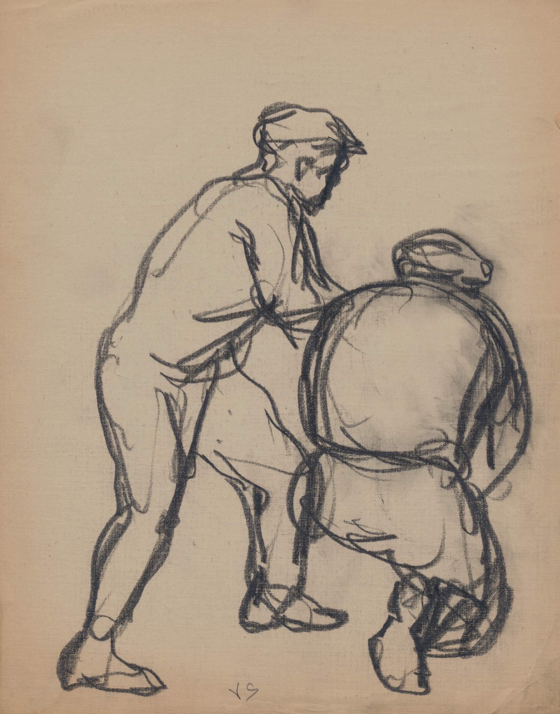 Two men - one standing, the other crouching down, pencil on paper, 250 x 200mm, c1930(Ref: JS5001)