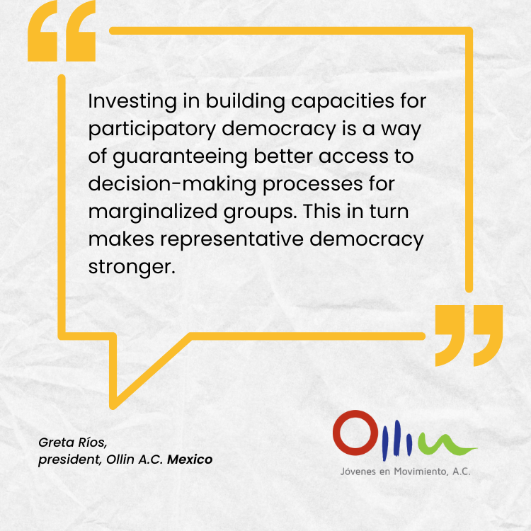  Investing in building capacities for participatory democracy is a way of guaranteeing better access to decision-making processes for marginalized groups. This in turn makes representative democracy stronger.&nbsp;   Greta Ríos, president, Ollin A.C.