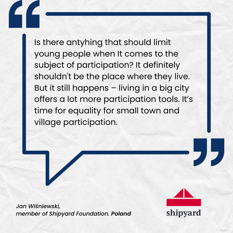  Is there antyhing that should limit young people when It comes to the subject of participation? It definitely shouldn't be the place where they live. But it still happens – living in a big city offers a lot more participation tools. It’s time for eq