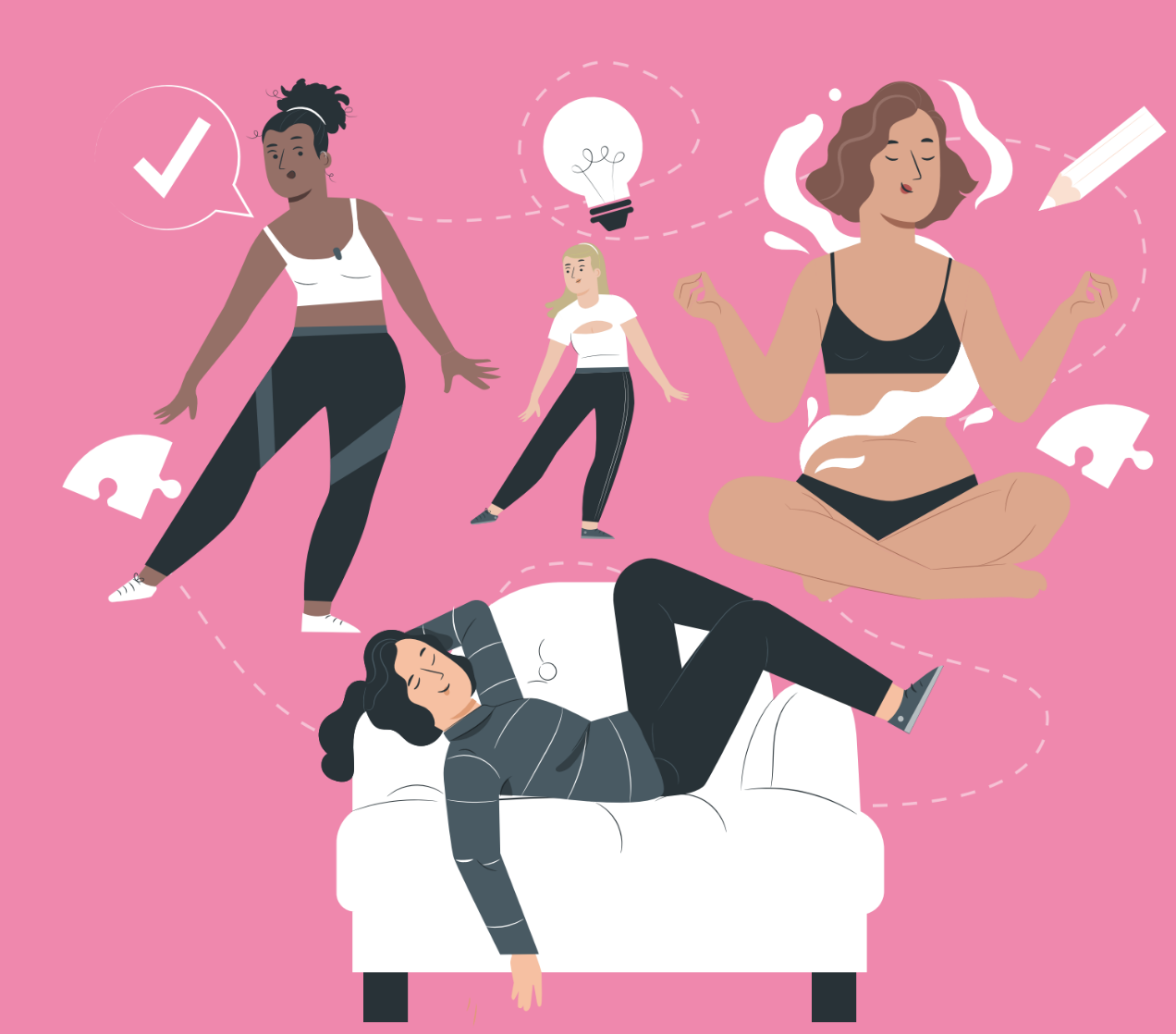 Illustrations showing four females coming up with ideas for school projects