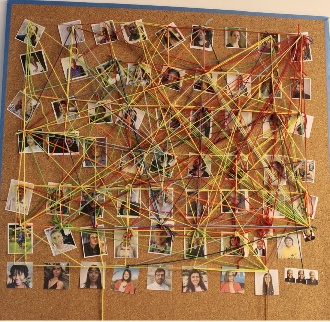   We created this board to track&nbsp;the connections between participants in a fun way. Every time participants met someone new, they could connect their photo with others via yarn.  