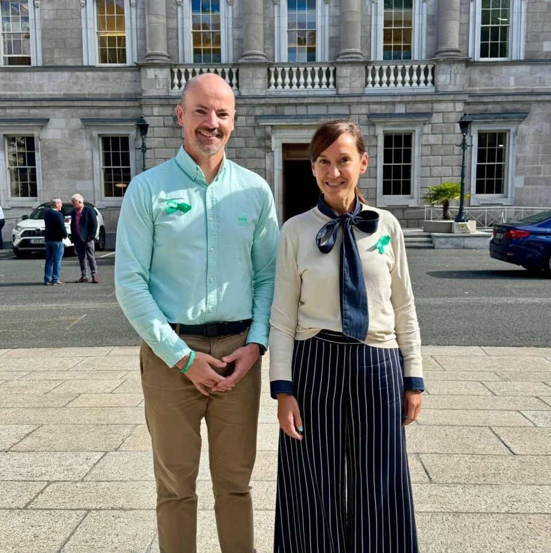 With colleague Kieran Murphy from Shine outside Leinster House (Parliament) in Ireland, waiting for a session to meet politicians and discuss budget allocations for 2026. Credit: Shine