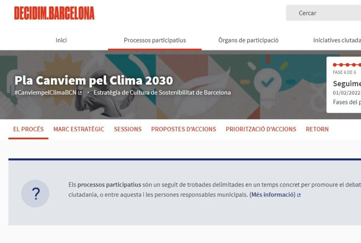 The Decidim platform website titled Pla Canviem pel Clima 2030.