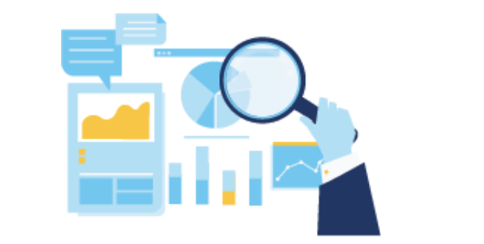 Illustration of a person's hand holding a magnifying glass over some graphs