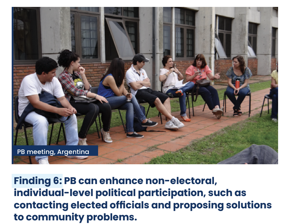 A photo of a group of young people sitting on chairs in a line, at a participatory budgeting meeting in Argentina. Below it:  finding 6 from the research brief.  "PB can enhance non-electoral, individual-level political participation.
