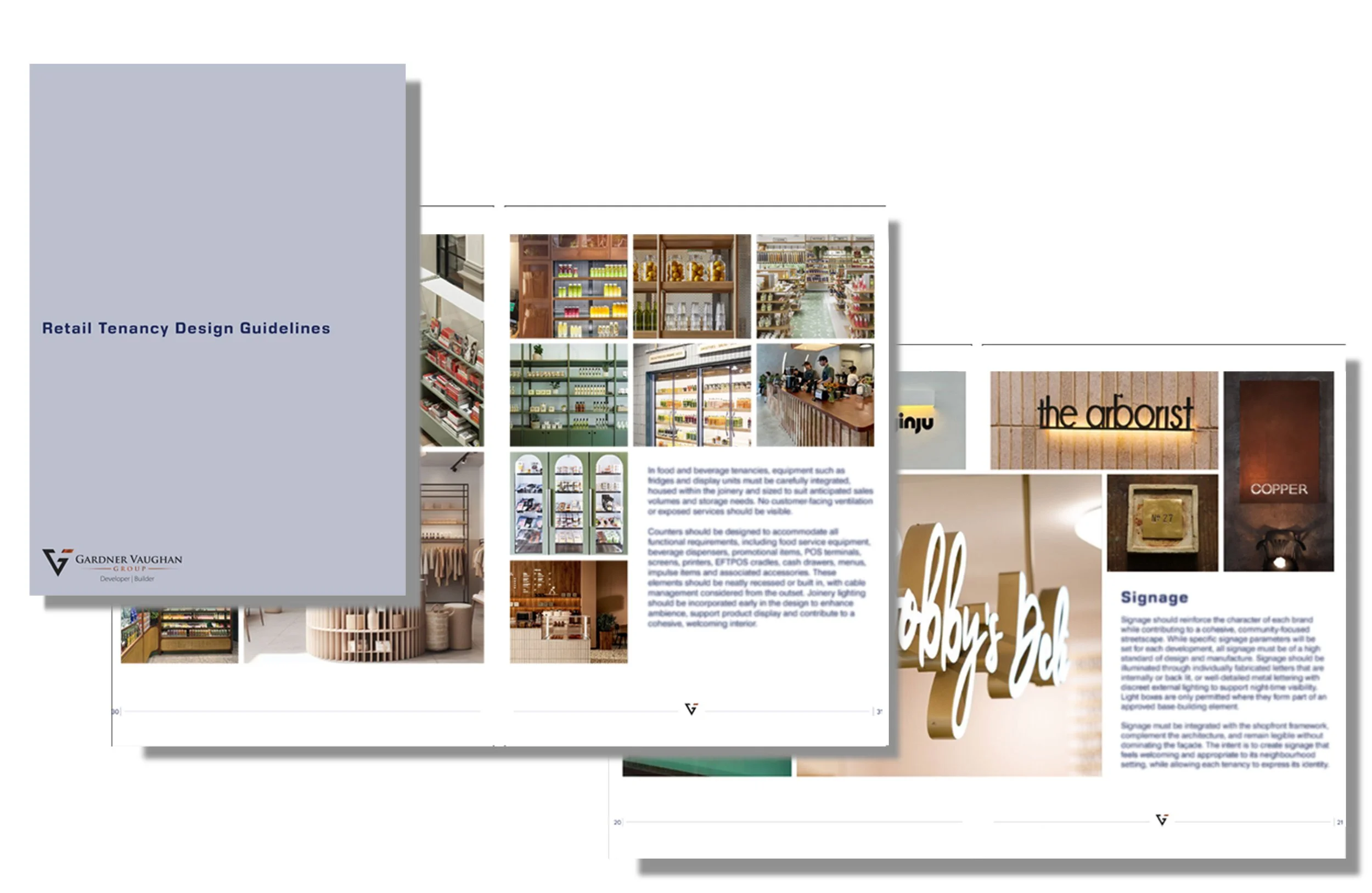 Pages from a design guideline document titled 'Retail Tenancy Design Guidelines' showing interior retail space layouts, shelving, and signage design details.
