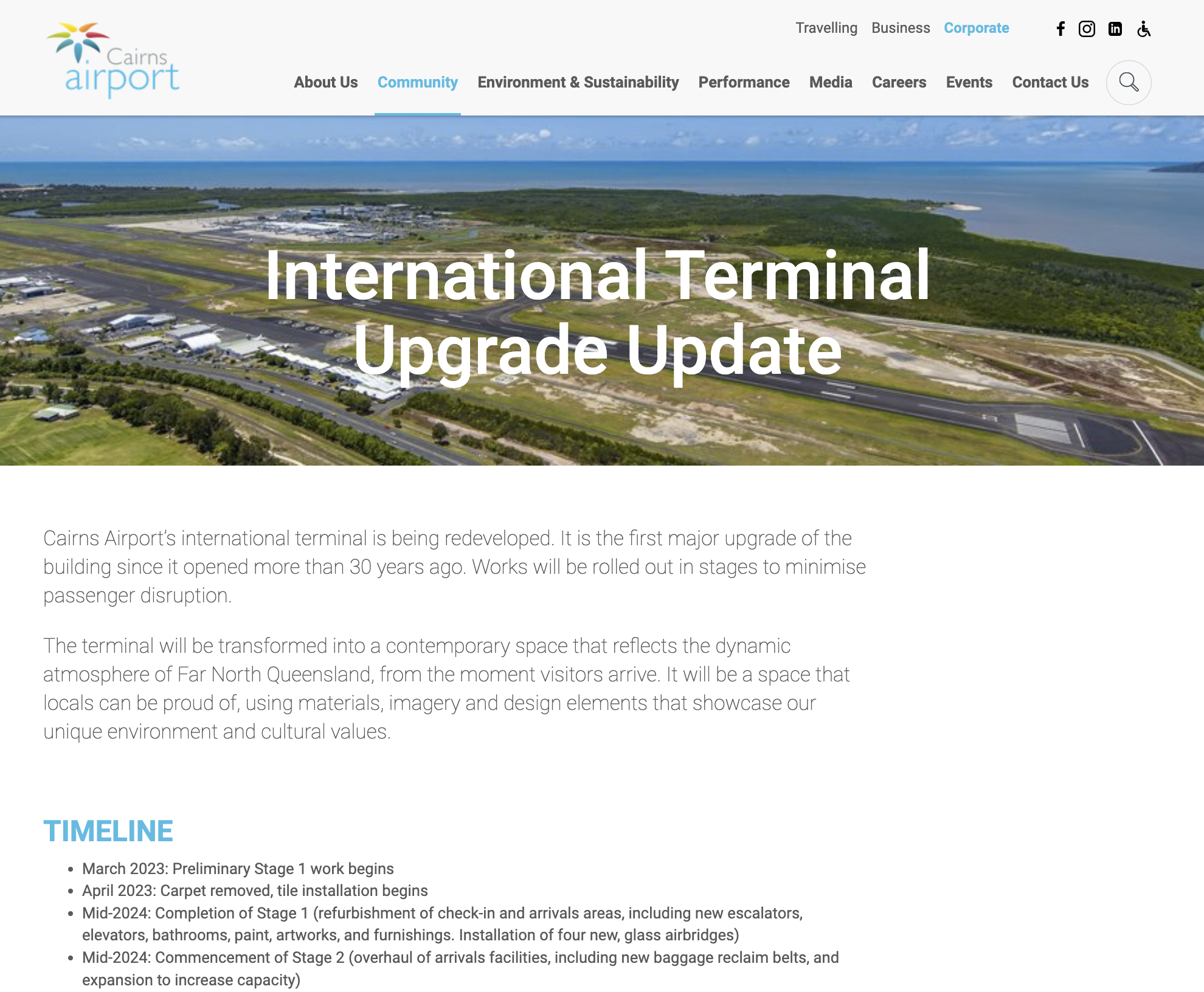 Cairns Airport International Terminal Upgrade Update webpage showing aerial view of airport with text outlining redevelopment stages. Interior Designers in Brisbane Australia