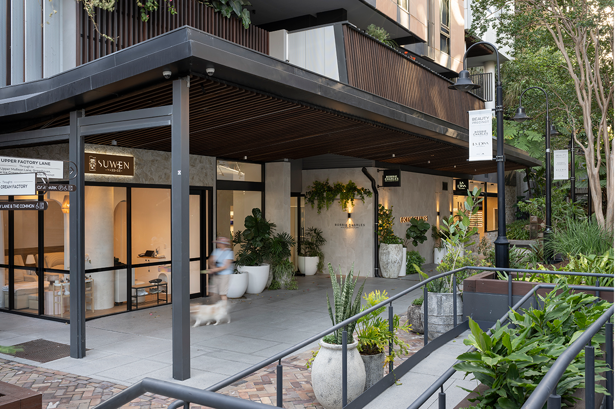 Outdoor view of modern shopping area with stores, plants, and pedestrian path.