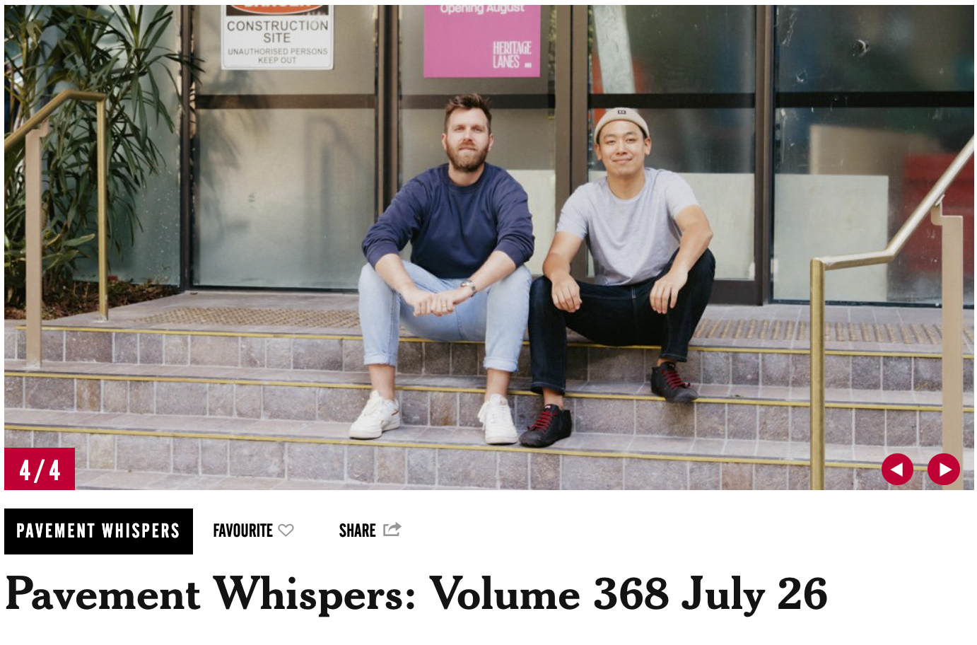 Two men sitting on outdoor steps in front of a building entrance, wearing casual clothing. "Pavement Whispers: Volume 368 July 26" is captioned below the image. restaurant Interior Designers in Brisbane Australia