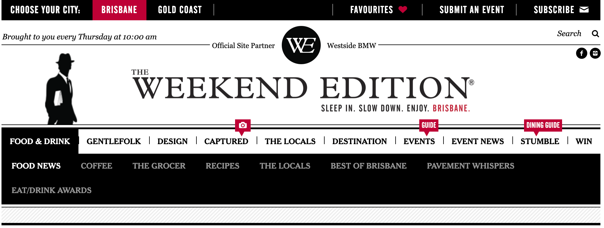 Header of 'The Weekend Edition' website for Brisbane city featuring navigation links to food, design, events, and more. Interior Designers in Brisbane Australia
