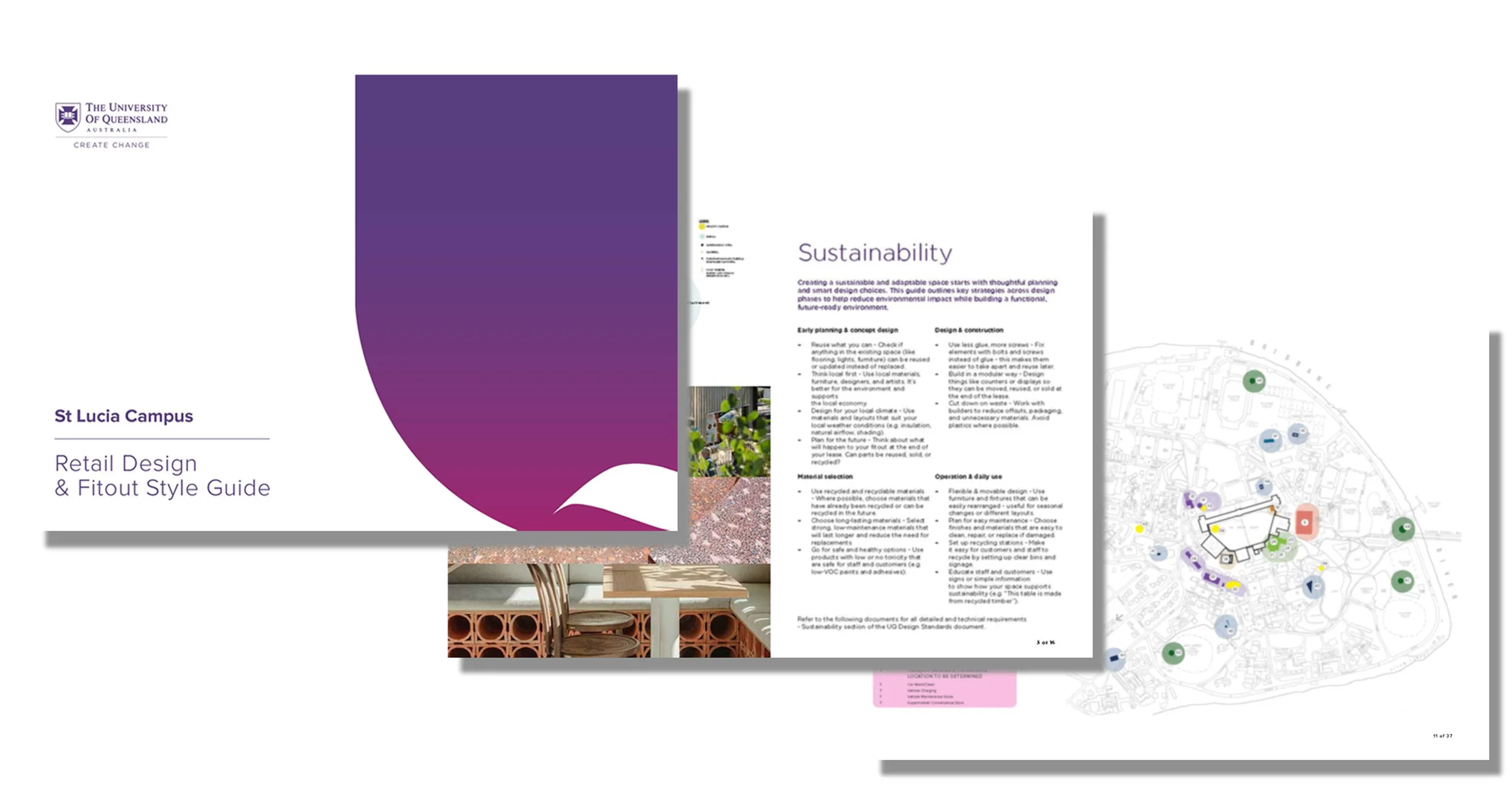 A collection of pages from a guide about retail design and fitout style, featuring the University of Queensland logo, a map with color-coded points, and text about sustainability practices in construction.