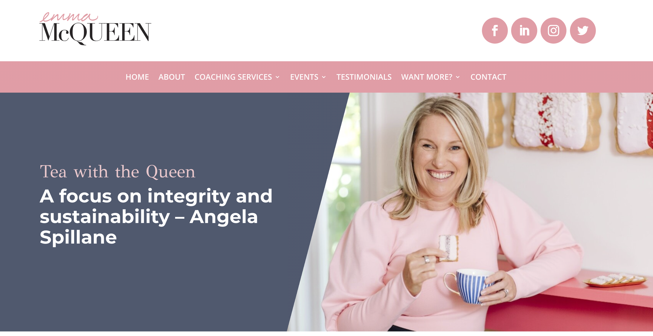 Website header featuring Emma McQueen logo, navigation menu, and "Tea with the Queen" section. Includes a description highlighting integrity and sustainability with Angela Spillane. Interior Design in Brisbane Australia