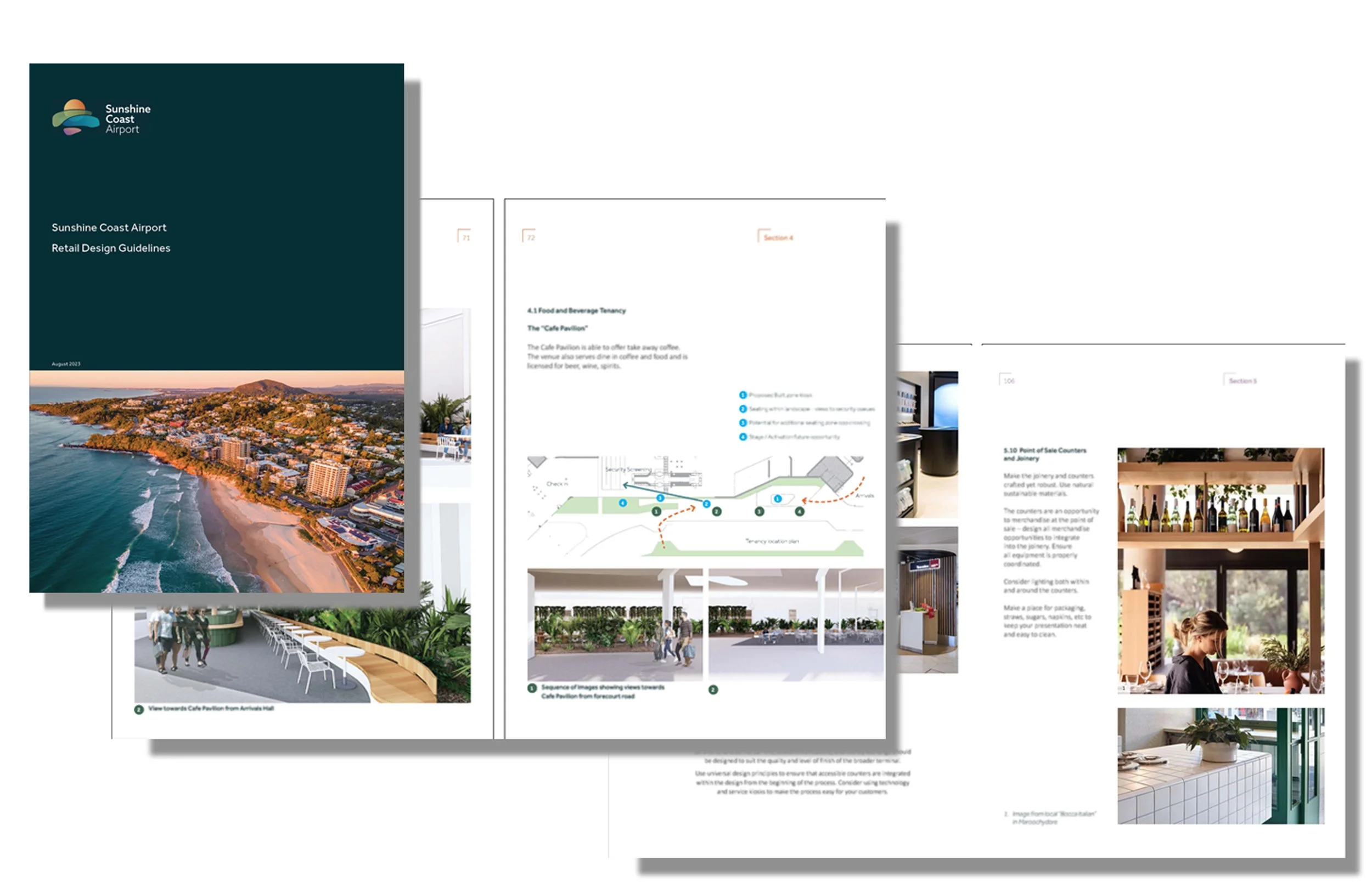 A detailed layout plan and design guidelines for Sunshine Coast Airport, including aerial views of the coastline, architectural interior images, and site maps.