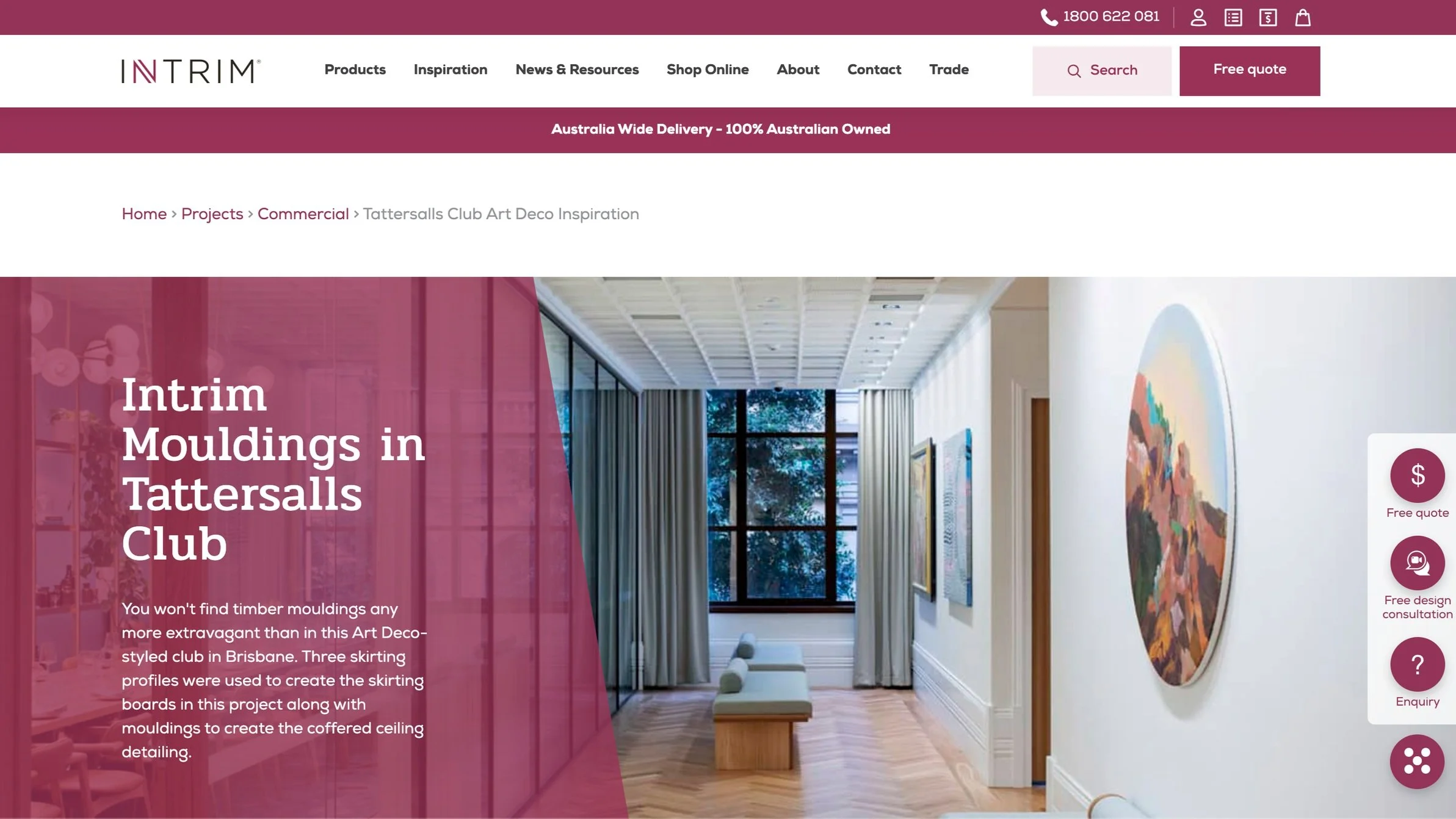Website showcasing Intrim Mouldings in Tattersalls Club with a modern interior featuring art and ceiling details. Interior Designers in Brisbane Australia