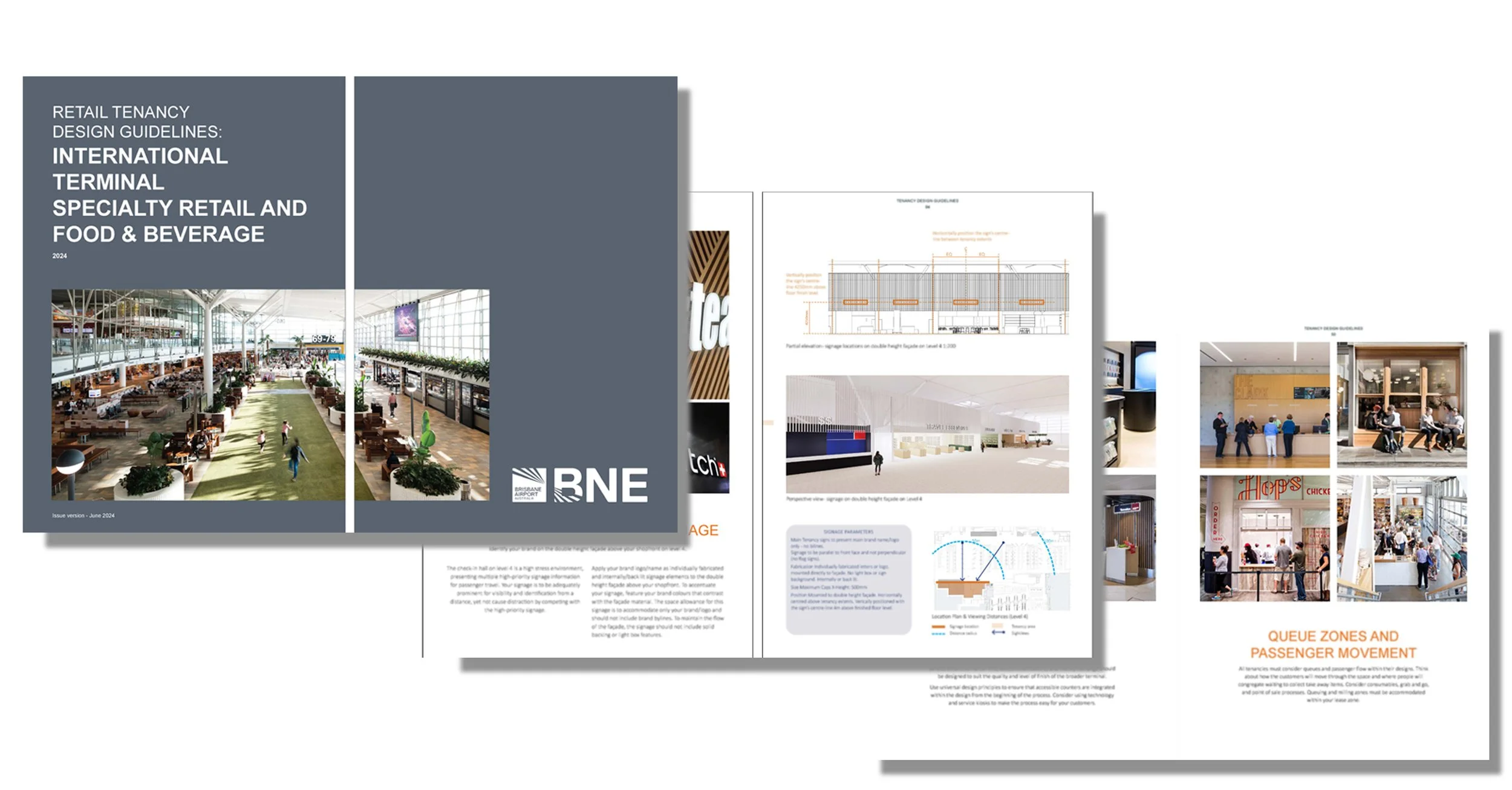 A set of retail design guidelines documents for international terminal, specialty retail, food, and beverage, with architectural renderings of airport interiors, queue zones, and passenger movement areas.