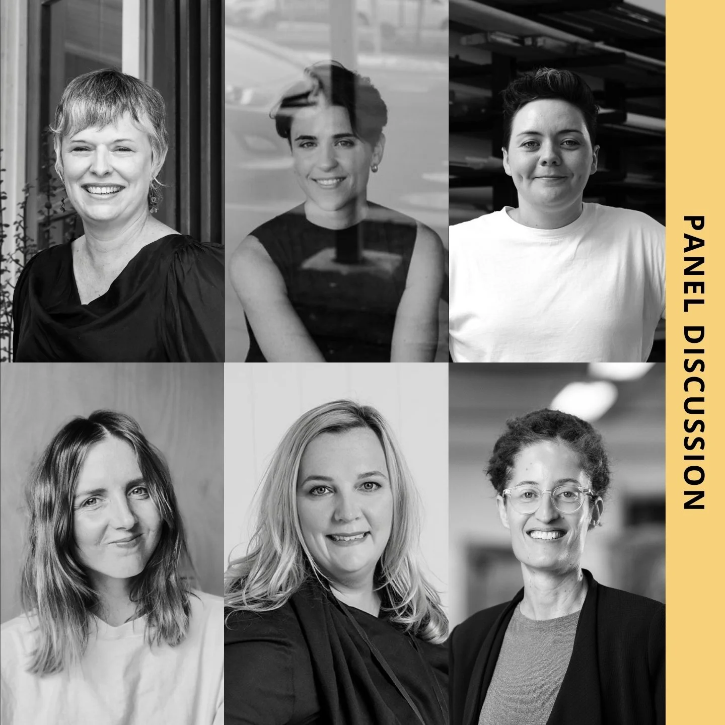 Collage of six black-and-white portraits of smiling individuals, arranged in two rows of three. The right edge features a vertical yellow strip with the text "PANEL DISCUSSION." Interior Designers in Brisbane Australia