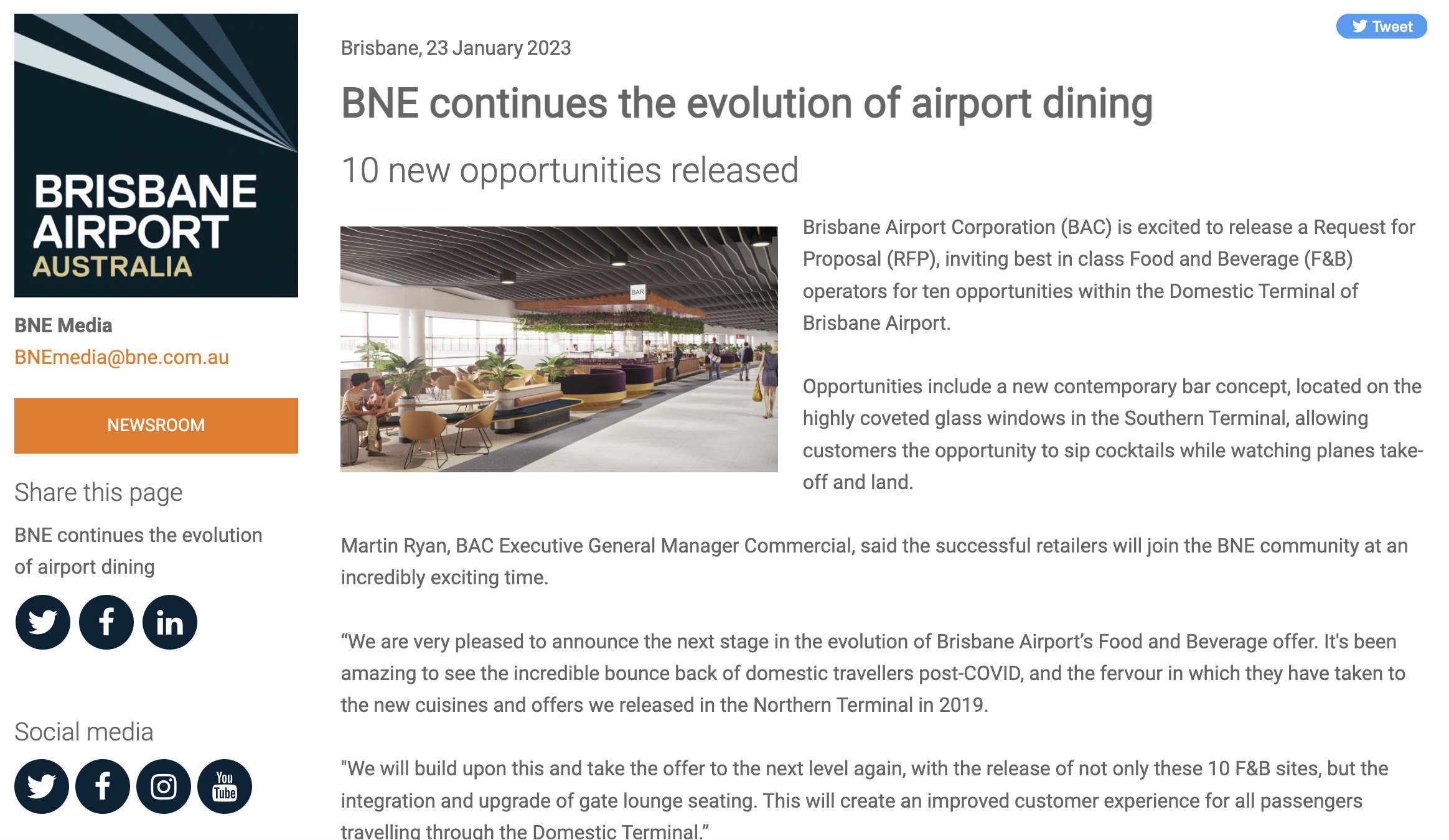 Brisbane Airport media release about new dining opportunities. It discusses the release of a Request for Proposal for 10 food and beverage opportunities at the Terminal.
Retail Interior Designers in Brisbane Australia