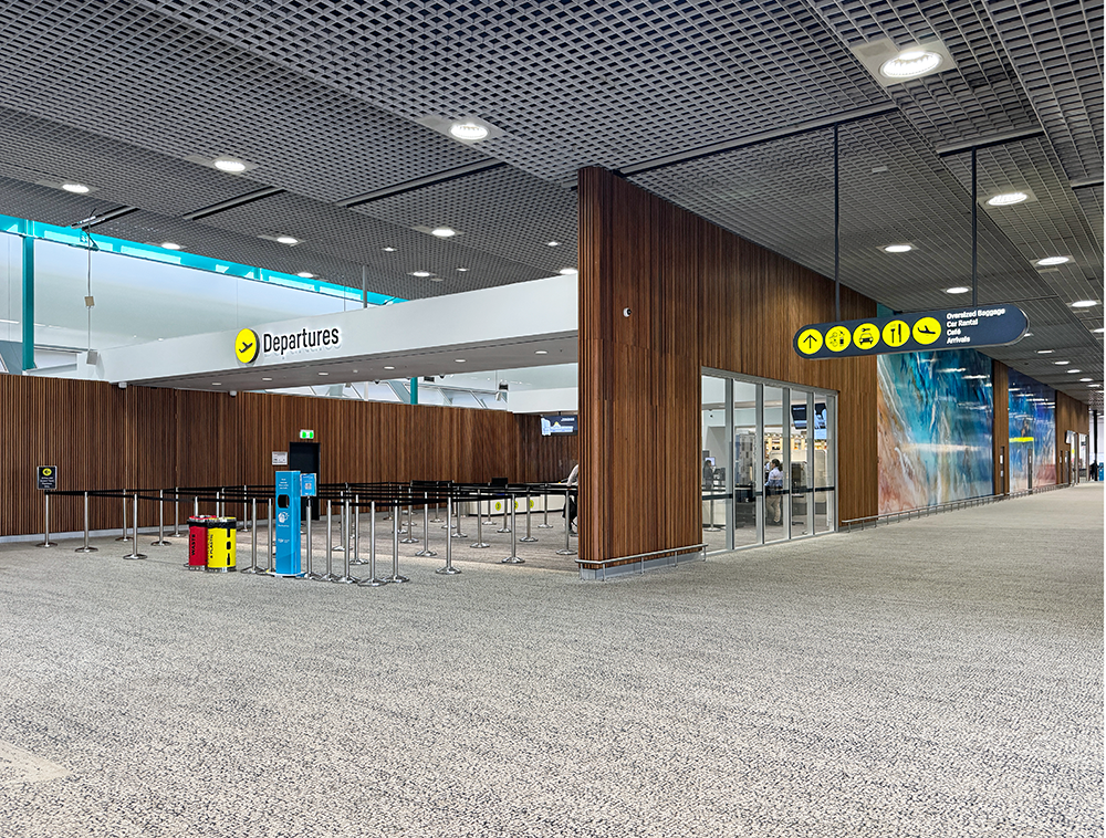 Airport departures area with signage 
Townsville Airport. Interior Design Australia