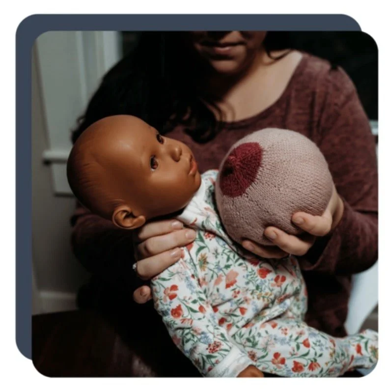 lactation consultant shows how to breastfeed using doll and prop