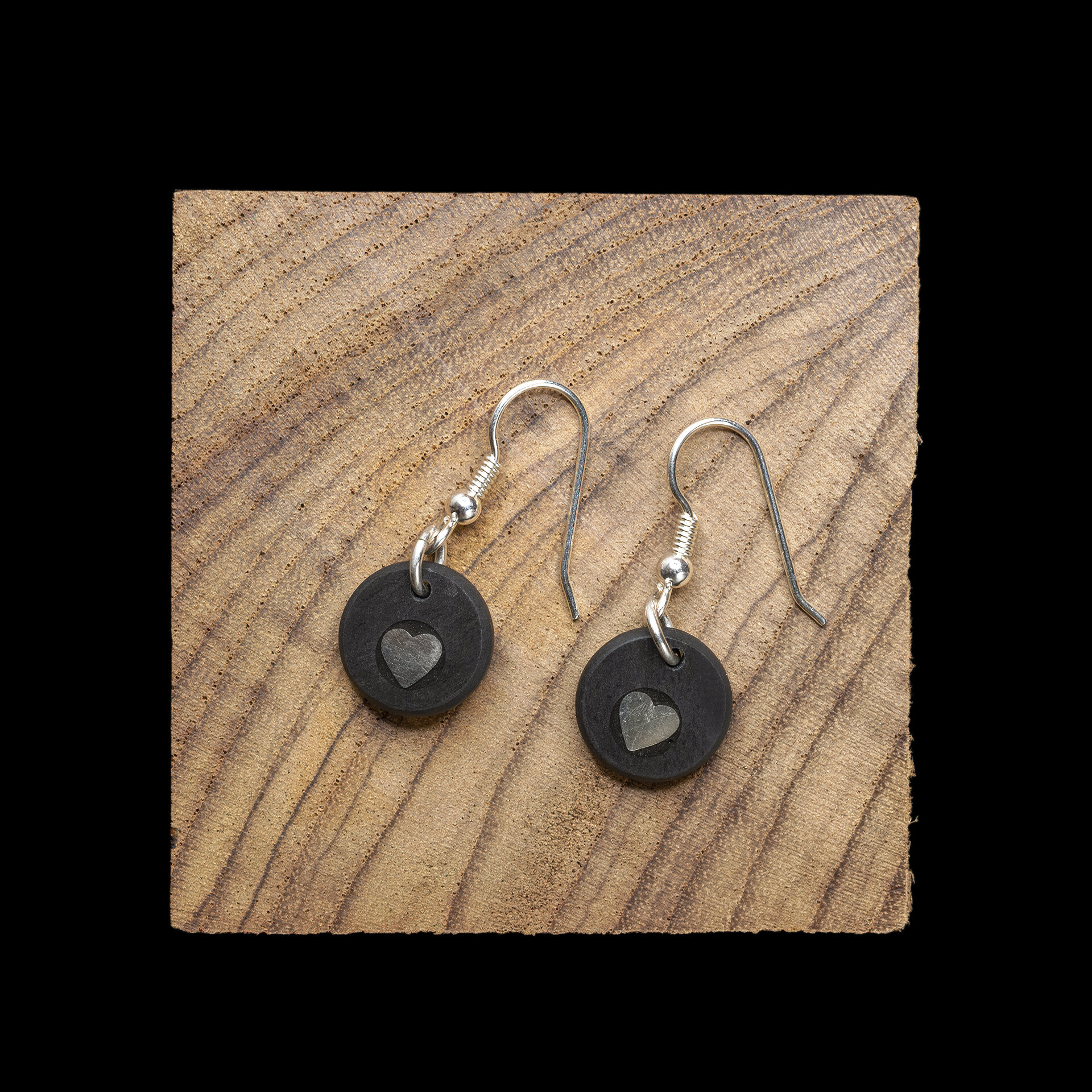 Small Heart Drop Earrings Disc Shaped by Slate and Silver