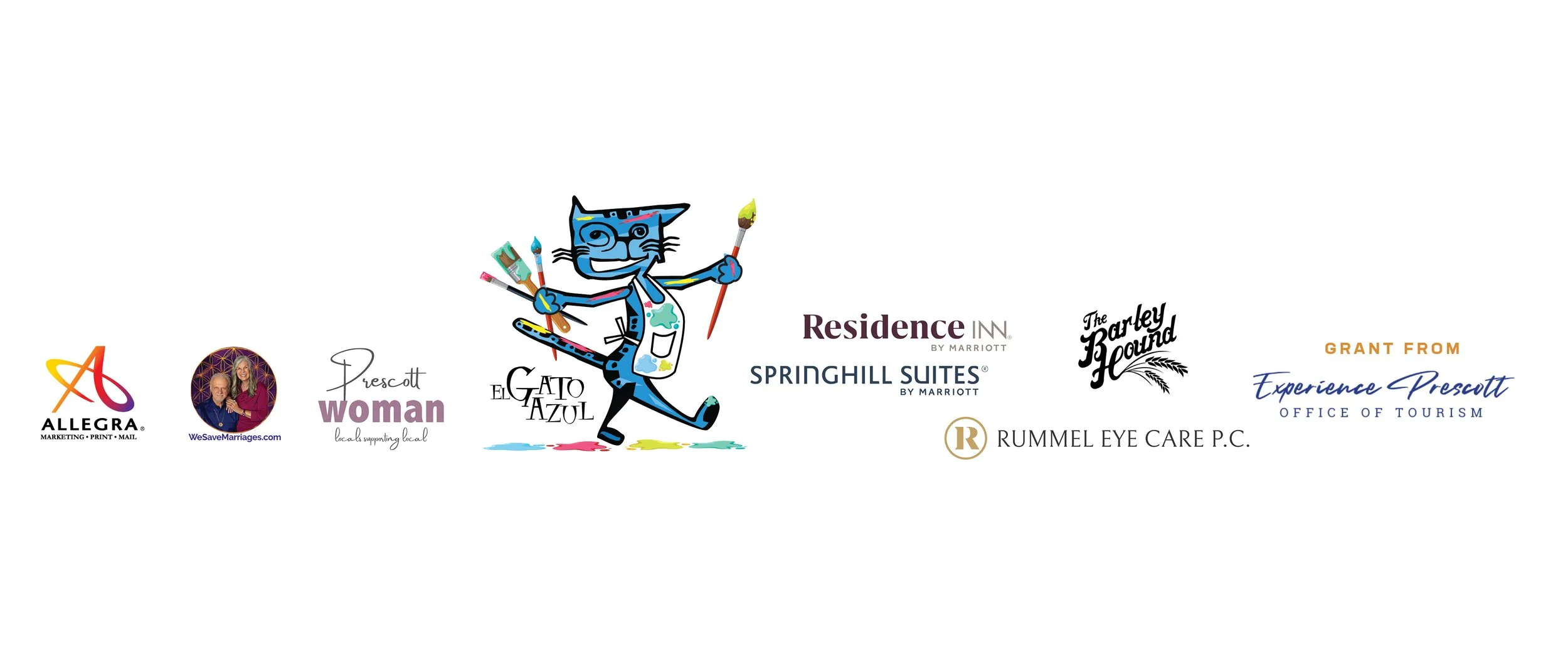 A collection of logos and a colorful cartoon cat mascot holding paintbrushes with splash marks and paint, representing various local businesses and organizations in Prescott.