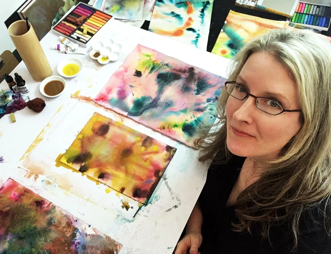 Sarah Lange overhead shot of her and her watercolor workstation