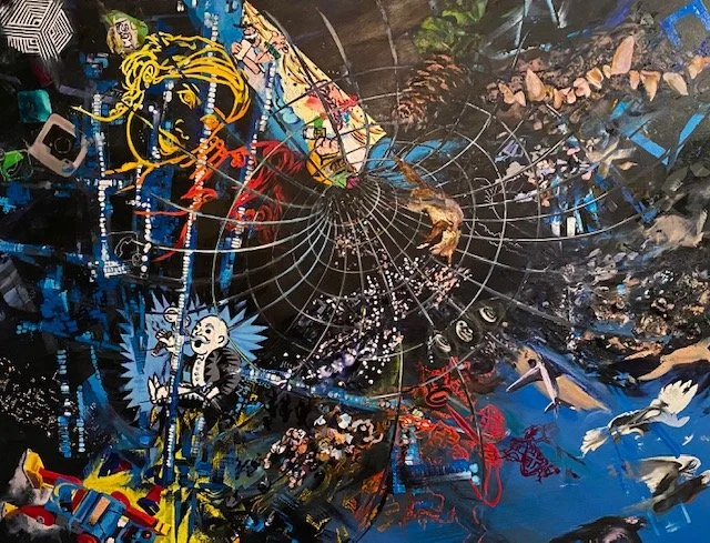 Colorful graffiti art with a spider web in the center, featuring various characters and abstract designs.
