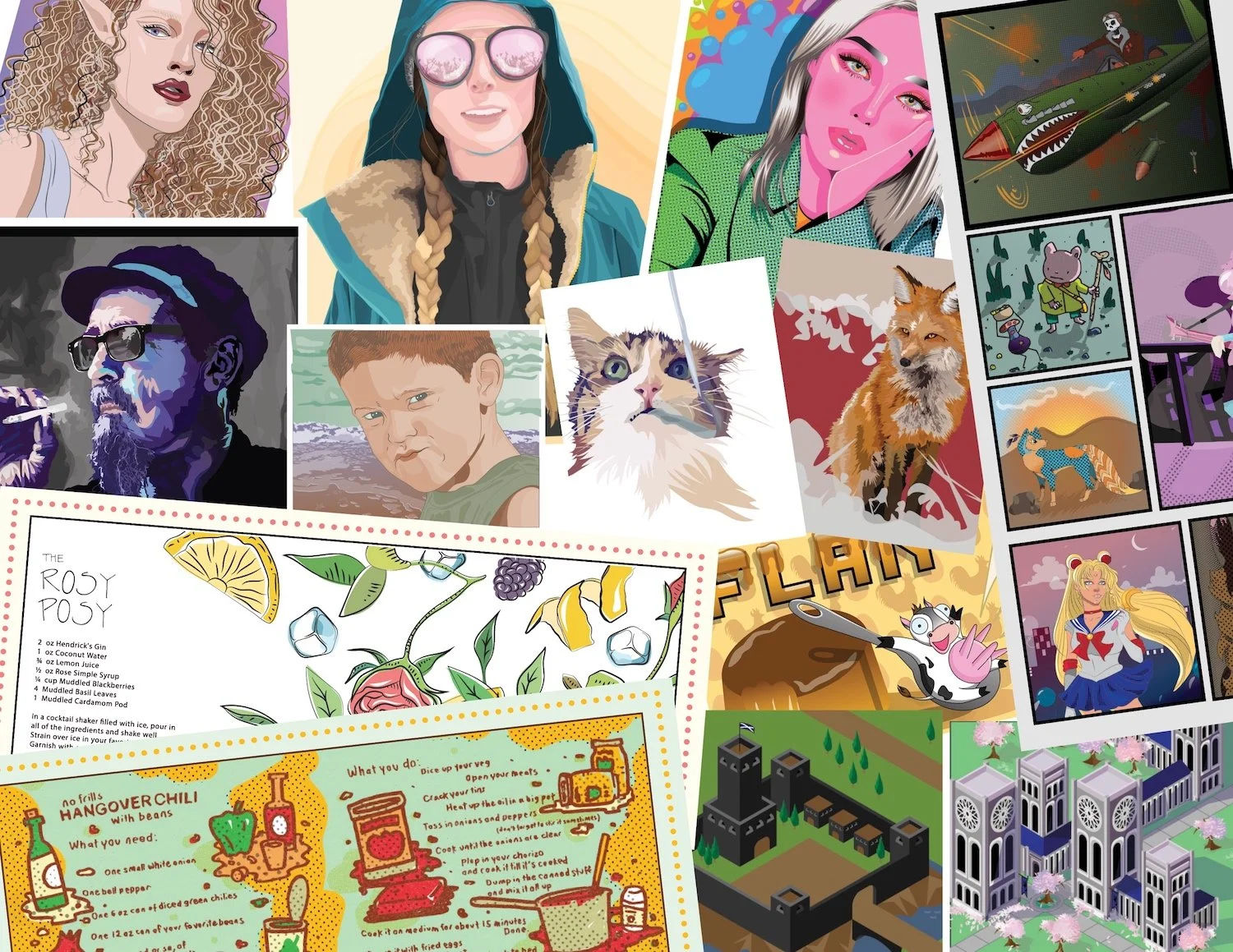 A collage of various digital illustrations including portraits of women, a man with sunglasses, a boy by the beach, cats, fox, a military cartoon, animated dog, and other colorful scenes.