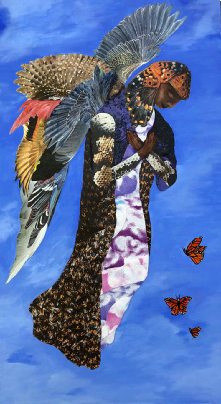 A woman with a butterfly on her head and bird wings on her back, standing with her hands crossed over her chest, against a blue sky background with three butterflies flying nearby.