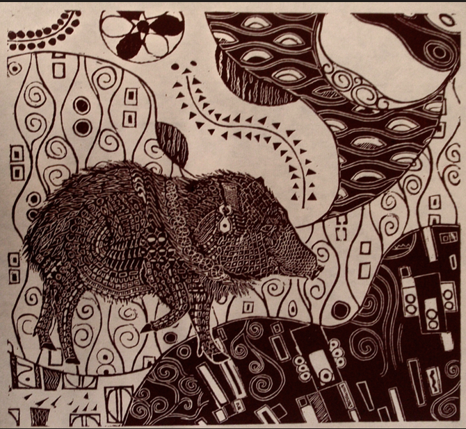 Line art illustration featuring a boar, abstract shapes, and geometric patterns.