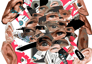 Collage of fragmented human eyes, hands, and various objects including books, papers, and electronic devices.